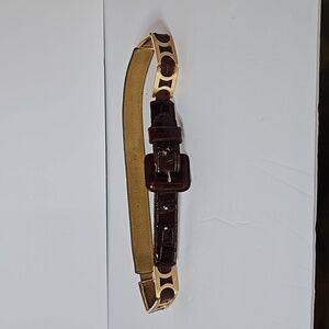 Italian Embossed Leather Belt size M Brown Brass accent hardware   Pre-owned